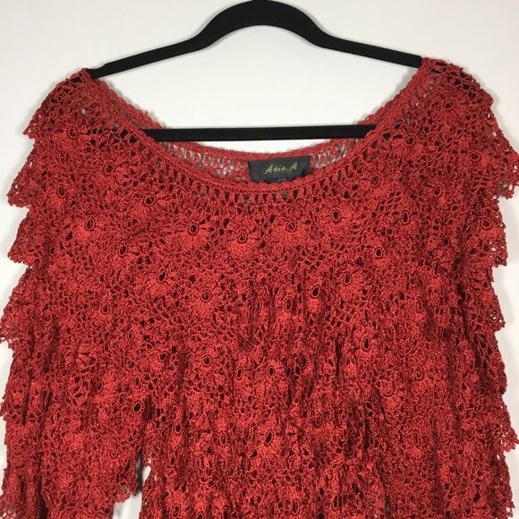 Unique ra-ra top red crocheted 3/4 sleeves layered top beach resort vaca S/M - Picture 2 of 7